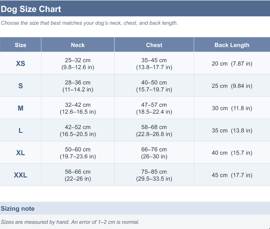 Size table